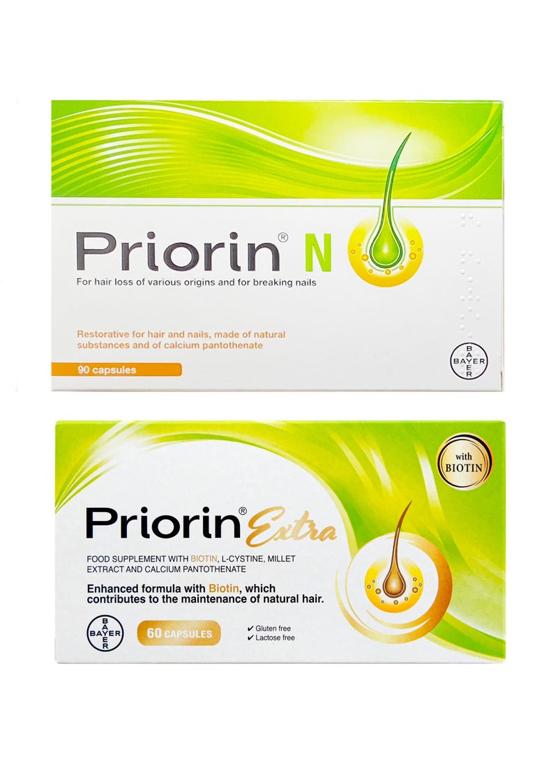 Priorin كبسولات برايورين ن لتحفيز وتقوية الشعر 90 كبسولة & برايورين إكسترا مع البيوتين لتحفيز وتقوية الشعر 60 كبسولة حزمة - Image 1